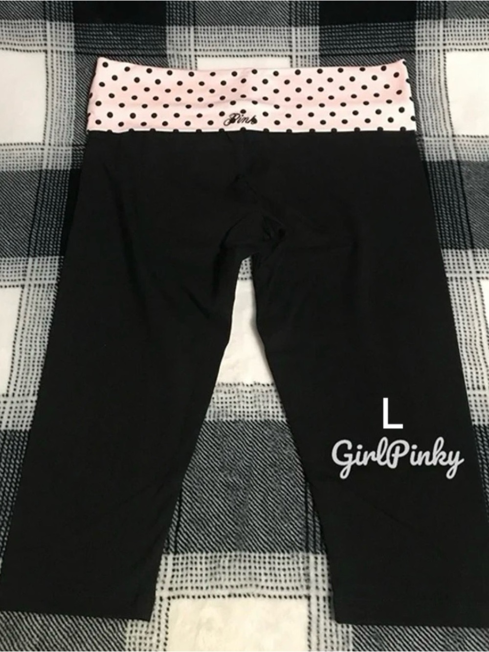 VS PINK ALL DAY COTTON FOLDOVER CAPRI LEGGINGS IN BLACK & PINK TULIP DOT LARGE